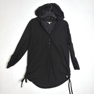 Billabong Womens Black Ribbed Hooded Henley Roll Tab Sleeve Top Large Sheer Y2K